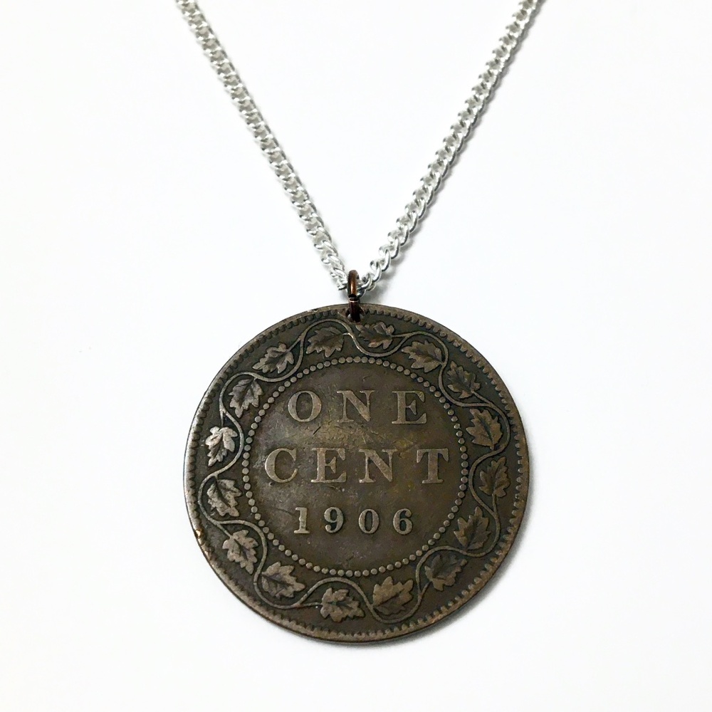 1906 Vintage Canadian Necklace — 18” chain (stamped “925”) — 1906 Large Cent